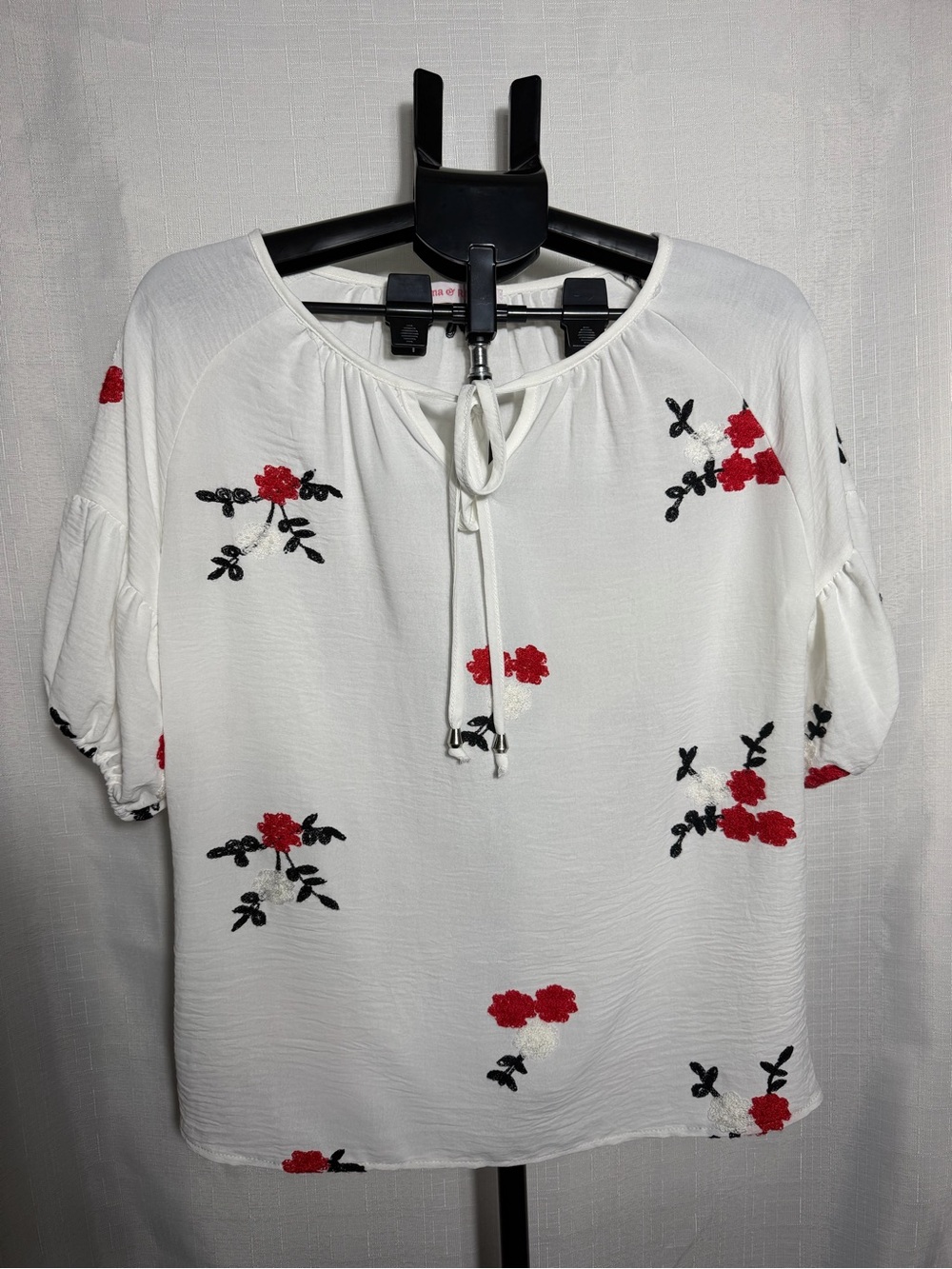 White Floral Tie-Front Blouse with Red Embroidery